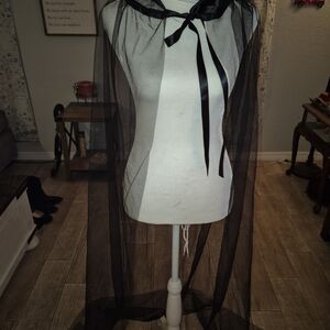 Chic Black Sheer Cape with Ribbon Tie